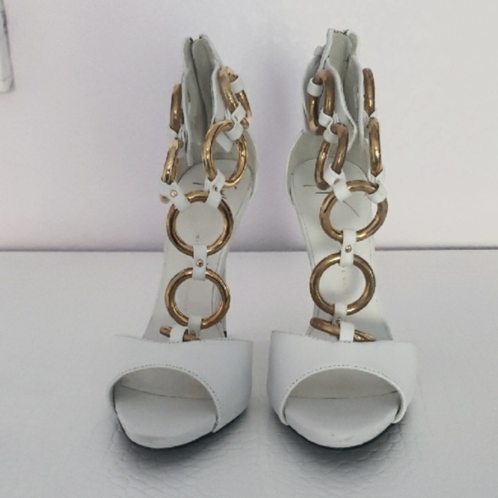 Giuseppe Zanotti White and Gold Chain Heeled Sandals